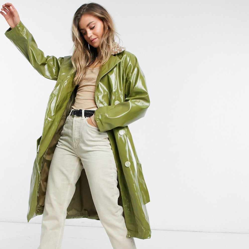 Avant Garde  Fun Daisy Street Oversized  Belted PU  Long  Green Trench Coat
